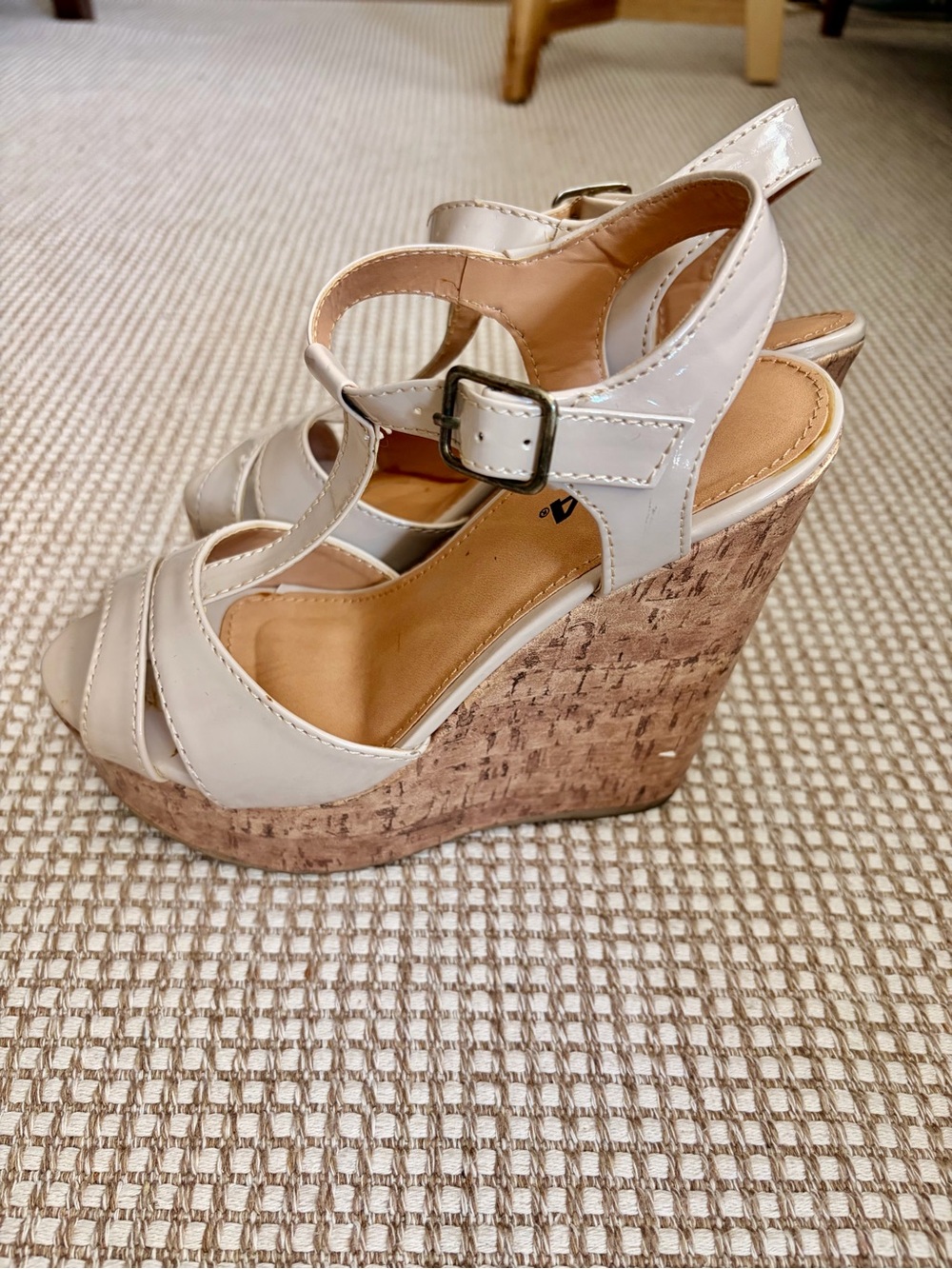 Soda Cream Patent T-Strap Cork Wedge Sandals | Neutral Summer Heels
